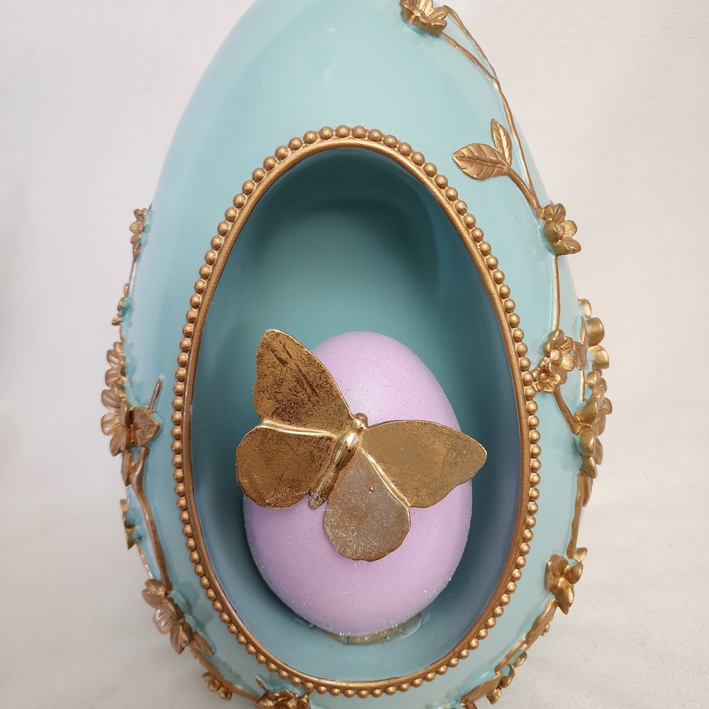 Decorative 3D Aqua and Gold Egg Accent with Pink Inner Egg ( Large 15"X8")